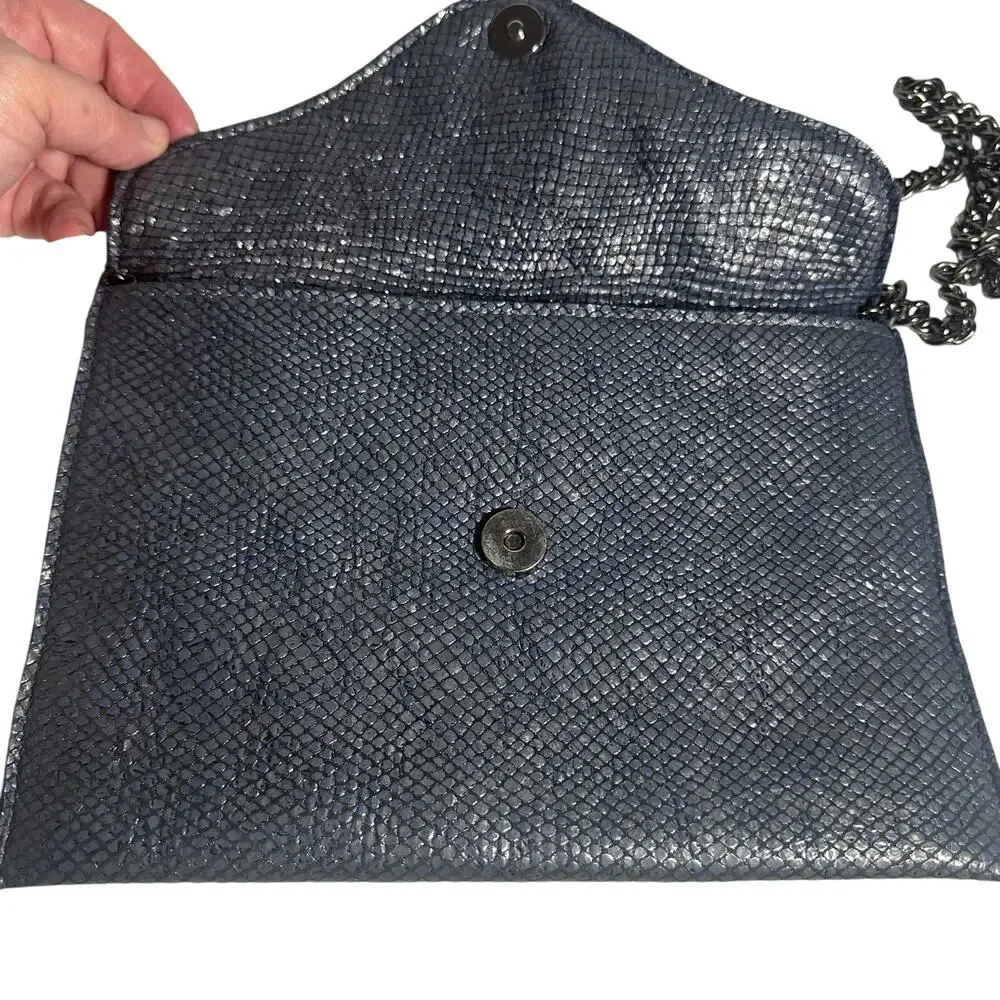 JJ Winters Black Faux Snakeskin Clutch Crossbody Bag w/Chain Strap Envelope Flap